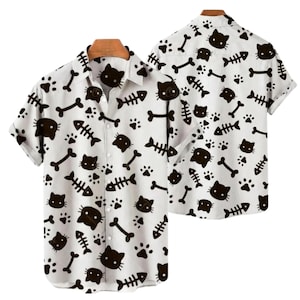 Niedliches Katzenpfoten-Druck-Hawaiihemd, weißer Knopf mit schwarzen Kitty-Gesichtern Fischgräten und Knochen, lustiger Haustier-Liebhaber-Unisex-Sommer-Spitzenlager-Kragen