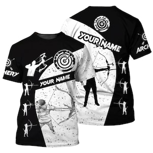 Chemise de tir à l'arc personnalisée avec nom personnalisé, cible noire et blanche et silhouette archer, cadeau chasseur à l'arc, t-shirt unisexe imprimé