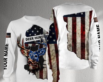 Patriotic Deer Hunting Long Sleeve Shirt with USA Flag Map Buck Graphic, Distressed Style, Custom Name on Sleeves, Unisex Hunter Gift