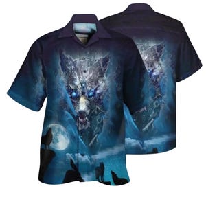 Blue Wolf Hawaiian Shirt Button Up, Glowing Eyes Night Sky Moon Howling Wolves Print, Galaxy Aloha Camp Collar, Unisex Vacation Gift