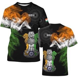 India Tricolor Smoke Shirt with Ashoka Lion Capital and Chakra, All Over Print Unisex Tee, Black AOP Top with Sleeve Flag Patch Graphic