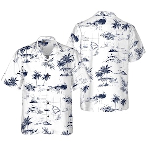 Hawaii Karte Hawaiihemd für Männer, Weiß & Marine Palme Aloha Button Up, Insel Toile Print Camp Kragen Urlaub Strand Top Kurzarm