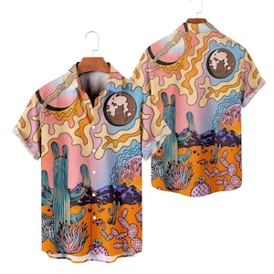 Psychedelic Desert Hawaiian Shirt for Men, Retro Cactus Button Up, Colorful Western Boho Art Festival Vacation Beachwear Gift Top