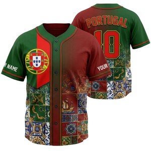 May include: A baseball jersey with the Portuguese flag colors and emblem. The front features a green and red design with the Portuguese coat of arms. The back displays "PORTUGAL" and the number "10" in red.