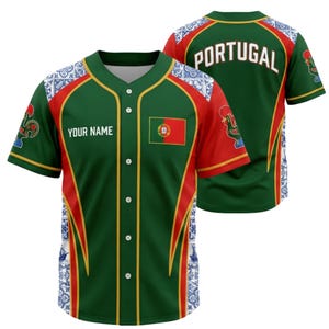 May include: Green baseball jersey with red and gold accents, featuring the Portuguese flag and rooster emblem. The jersey has the text "YOUR NAME" on the front and "PORTUGAL" on the back. The design incorporates traditional Portuguese tile patterns.