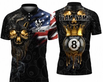 Custom 8 Ball Skull Pool Polo Shirt, American Flag Billiards Team Jersey for Men