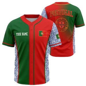 May include: A red, green, and white baseball jersey with the flag of Portugal. The jersey has a button-up front, green sleeves, and a white section with blue floral patterns. The text "YOUR NAME" is on the front, and "PORTUGAL" is on the back.