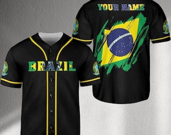 Personalized Brazil Baseball Jersey Shirt, Black Button Up with Yellow Trim, Brazil Flag Back Print, Custom Name Unisex Gift, Streetwear Top