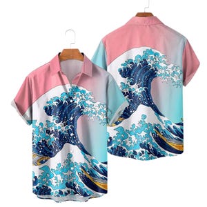 Great Wave Hawaiian Shirt for Men, Pink Blue Japanese Art Button Up, Ocean Aloha Beach Vacation Shirt, Gift for Him Dad Summer Resort Wear