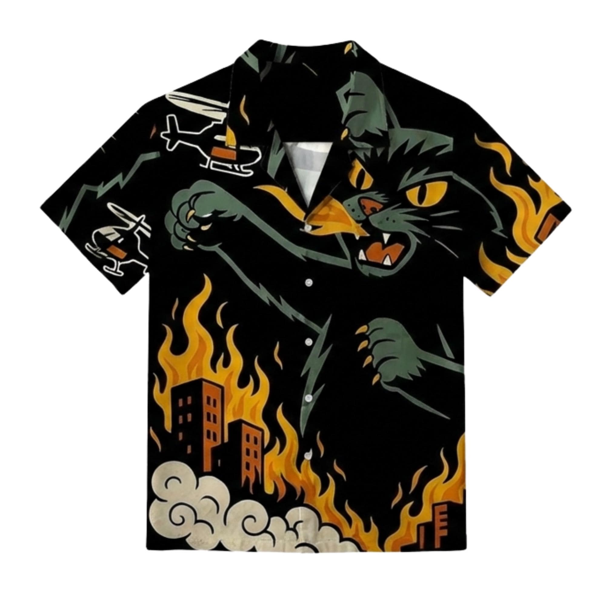 Black Panther Hawaiian Shirt for Men, Helicopter & Flames City 