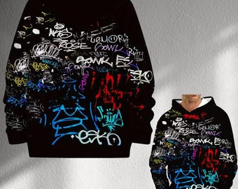 Sudadera con capucha de arte callejero y grafiti – Sudadera unisex negra con estampado de etiquetas coloridas, estilo urbano hip hop, con llamativo estampado gráfico integral.