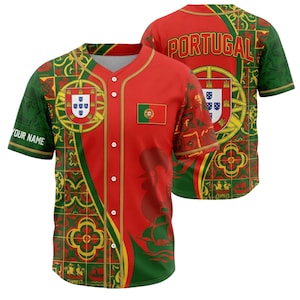 May include: Red and green baseball jersey with Portuguese flag and rooster graphics. The jersey features the text "YOUR NAME" on the left sleeve and "PORTUGAL" on the back. The design incorporates the Portuguese coat of arms.