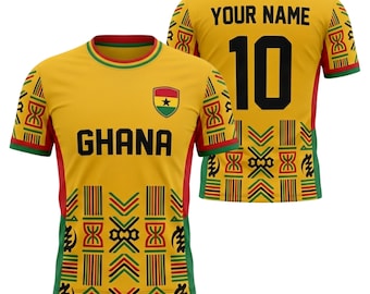 Custom Ghana Kente Football Jersey Shirt, Personalized Name Number Soccer Fan Tee, Yellow African Pattern Unisex Gift Top for Men Women