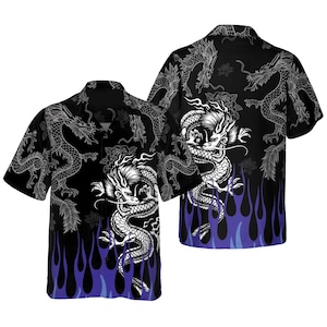 Camisa hawaiana con dragón para hombre y mujer, camisa aloha con llamas moradas y negras, estilo tatuaje, estilo urbano, para vacaciones.