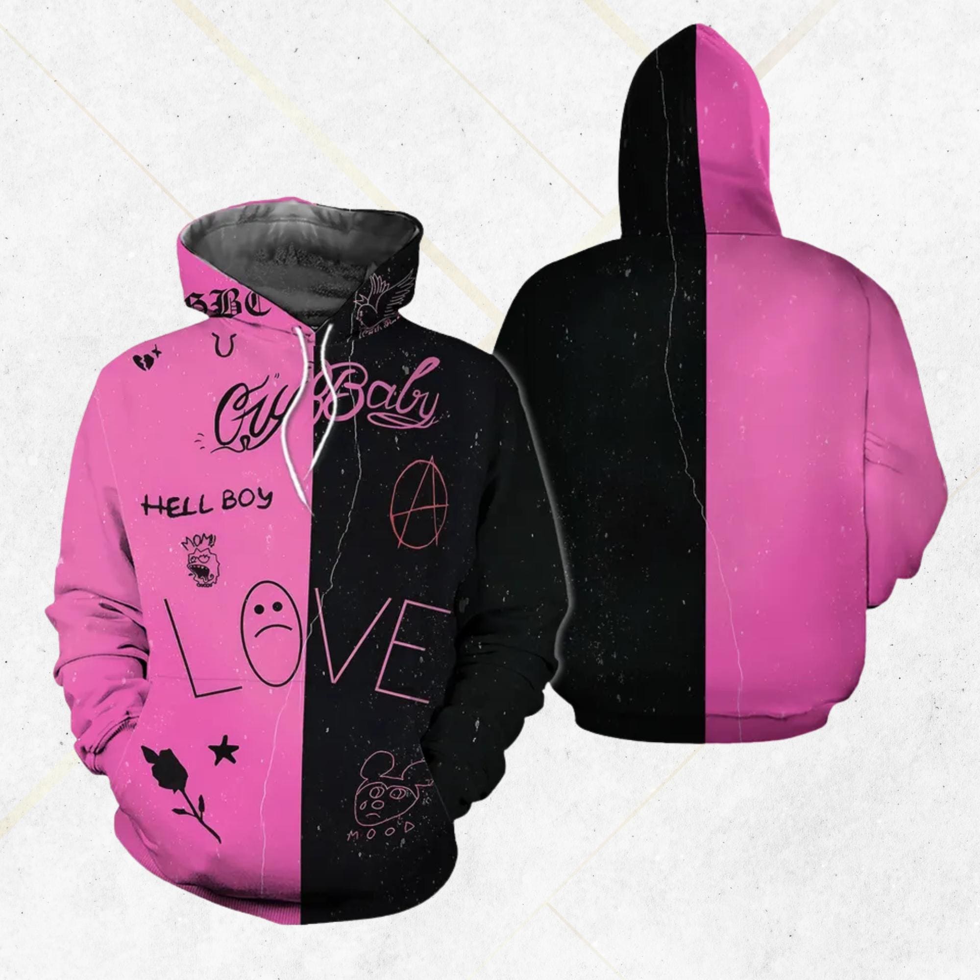 Emo Split Hoodie Pink Black | Cry Baby Hell Boy LOVE Doodles