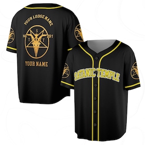 May include: Black baseball jersey with yellow trim and buttons. The front displays "SATANIC TEMPLE" in yellow lettering. The back features a gold pentagram with text that reads "YOUR LODGE NAME" and "YOUR NAME".