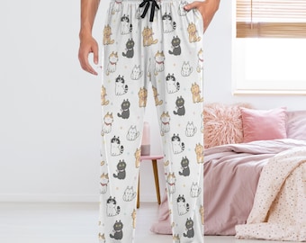 Pantalón de pijama unisex kawaii con estampado de gato, blanco, ideal para estar cómodo en casa. Un regalo perfecto para hombres y mujeres, amantes de los gatos y dueños de mascotas.