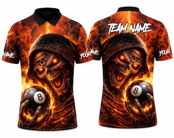 Koszulka polo z nadrukiem Grim Reaper Pool, prezent dla drużyny bilardowej Fiery Skull 8 Ball dla mężczyzn