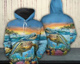 Sudadera con capucha de tortuga marina con gráfico 3D del océano Vida marina