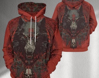Sudadera con capucha de lobo vikingo rojo con runas, sudadera con estampado de calavera nórdica, jersey de Fenrir nórdico oscuro, regalo de ropa gótica para hombres y mujeres.