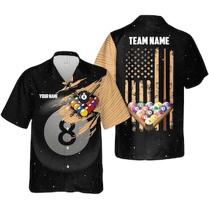Personalized Pool Billiards Shirt, Custom Name & Team Name, 8 Ball Galaxy Button Up, Gold USA Flag Cue Art, Gift for Pool Players Unisex