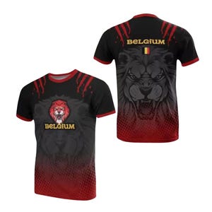 Belgium Lion T Shirt, Black Red Belgian Flag Soccer Fan Tee, Unisex Red Devils Supporter Top, Fierce Football Gift for Men Women image 1