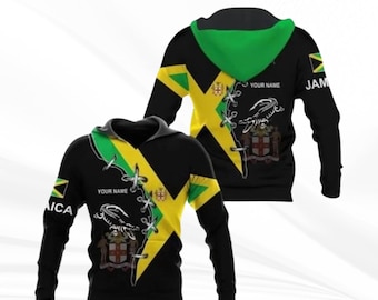 Personalized Jamaica Flag Hoodie Black Green Yellow, Jamaican Coat of Arms Crocodile Lace-Up Design, Custom Name Pullover Gift Unisex