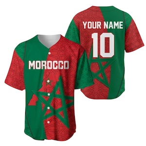 Gepersonaliseerde honkbaljersey Marokko, shirt aangepaste naamnummer, rood groene Marokkaanse ster button-up sportfan cadeau voor mannen vrouwen fans