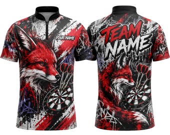 Camiseta personalizada Fox Darts con nombre de equipo personalizado, polo con cremallera de un cuarto, uniforme de regalo para torneos de la liga de dardos con grafiti rojo y negro para hombres y mujeres