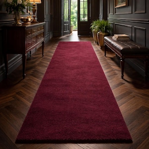 May include: A long, rectangular, burgundy rug in a hallway with dark wood flooring. The rug is centered in the hallway, leading towards an open doorway. The walls are dark with decorative paneling, and there is a bench and a table with a lamp.