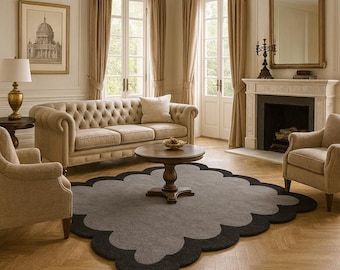 Scalloped Edge Rug – Wool Hand Tufted Wavy Border Area Carpet in Multiple Colors