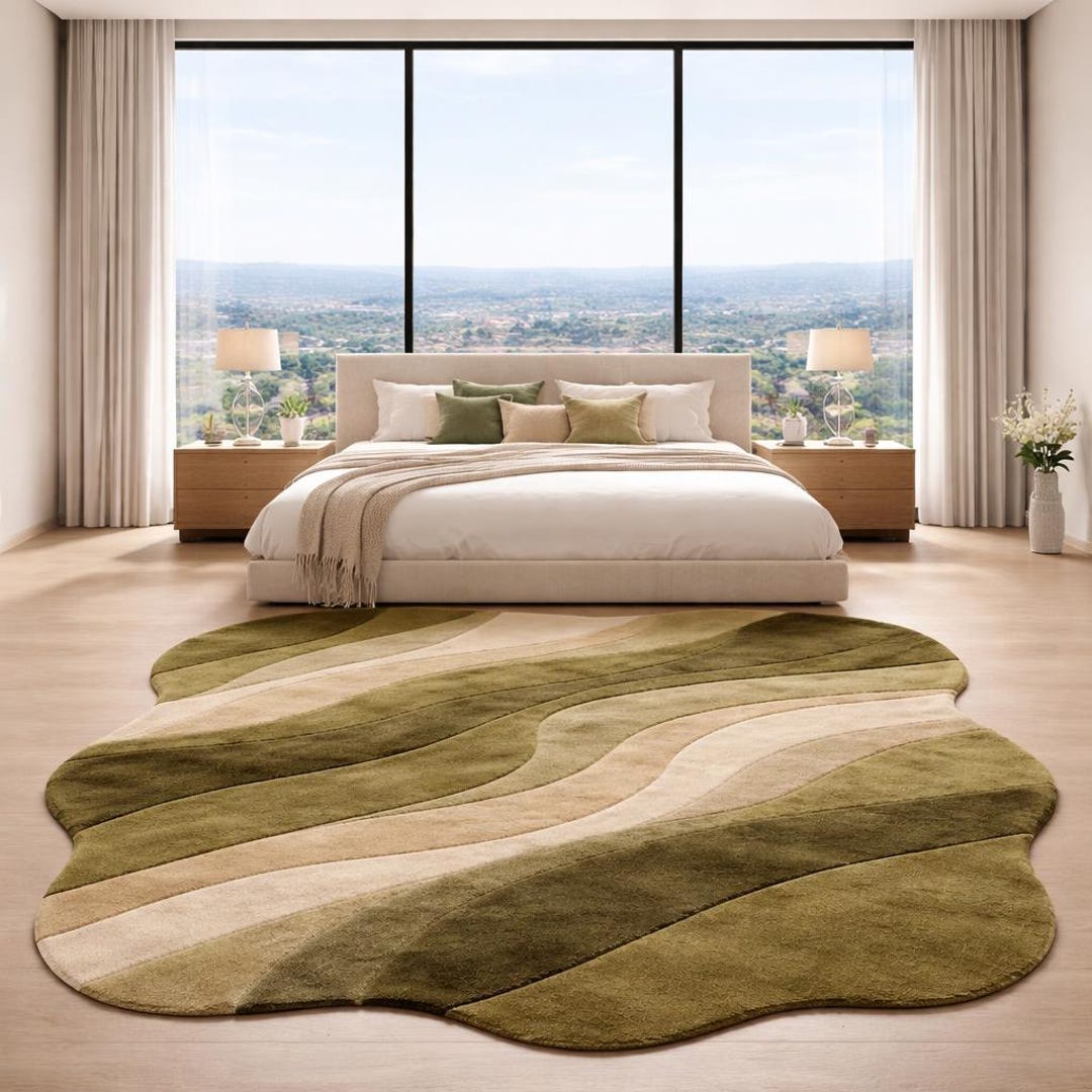 Olive Green Abstract Rug – Irregular Shape Hand Tufted Wool Luxury Rug ...