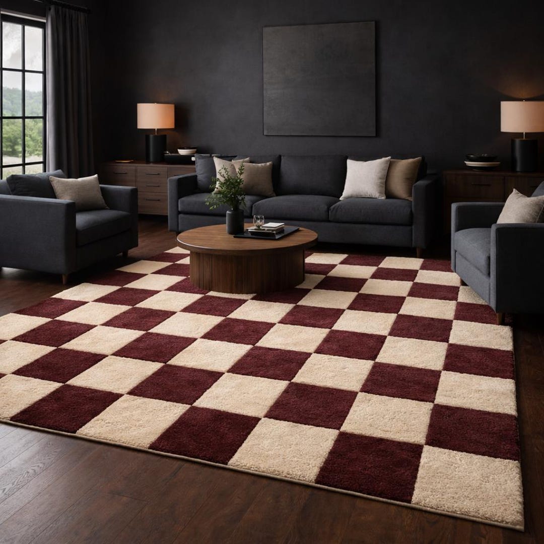 Layering Rug Maroon 8x10 Maroon & Beige Checkered Wool Rug – Hand Tufted Area Carpet, 9x12 ...