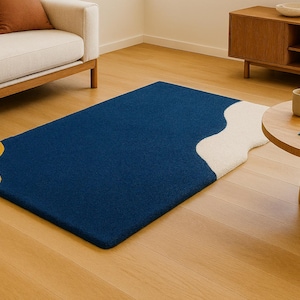 Modern Abstract Hand-Tufted Wool Rug – Indigo Trio Design in Blue, Ivory & Mustard – Irregular Rectangular Rug for Living Room or Bedroom