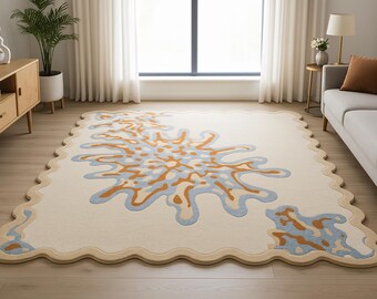 Hand Tufted Wool Rug: Modern Abstract Wavy Edge Design