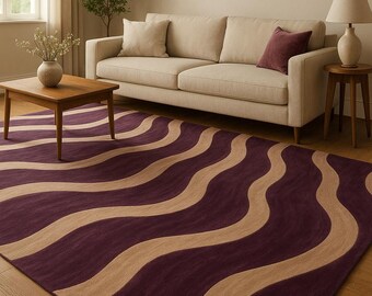 Alfombra de seda tejida a mano: diseño ondulado azul marino y beige, lujo moderno