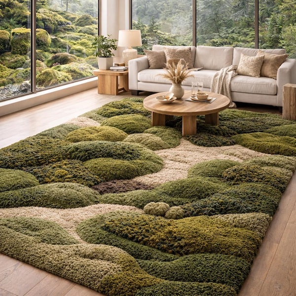 Tapete de musgo orgânico tufado à mão – Tapete marcante com textura 3D de pelo alto, inspirado na natureza.