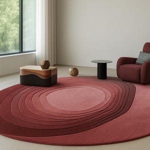Könnte beinhalten: Ein großer, runder Teppich mit einem geschichteten Design in Rot- und Rosatönen dominiert den Raum. Ein burgunderfarbener Sessel mit einem gemusterten Kissen steht daneben. Ein kleiner schwarzer Tisch und ein Holztisch vervollständigen die Szene.