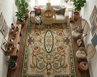 Hand-Tufted Wool Area Rug - Large Classical Aubusson Style Floral Handmade Carpet for Living & Bedroom