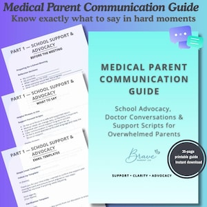 Könnte beinhalten: Ein Medical Parent Communication Guide mit dem Text „Wissen Sie genau, was Sie in schwierigen Momenten sagen sollen“. Der Leitfaden umfasst Schulunterstützung, Arztgespräche und Unterstützungsskripte für überforderte Eltern. Der Leitfaden ist ein druckbarer Download mit 35 Seiten.