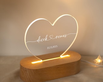 Custom Night Light as Valentines Day Gift, Heart Shape Personalized Night Light, Anniversary Gifts for Him or Her, Romantic Engagement Gift