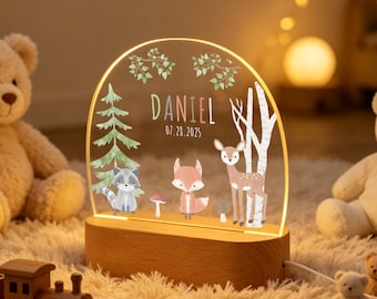 Personalized Forest Animals Night Light, Nursery Decor, Baby Gift Birth, Christening Gift, Children Night Light, Birthday Gift, Bedside Lamp