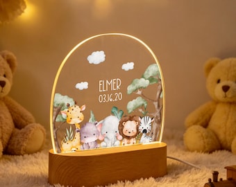 Custom Animal Night Light – Personalized Baby Nursery Lamp with Wooden Base for Kids Room