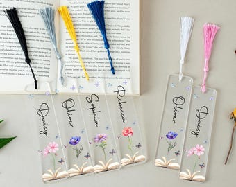 Custom Birth Flower Name Bookmark,Acrylic Bookmark,Name Bookmark with Tassel,Book Lover Gifts,Reading Gift,Birthday Gift,Christmas Gifts