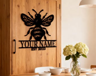Custom Bee Apiary Metal Sign - Personalized Bee Metal Wall Art- Rustic Black Iron Art with Intricate Bee Design - Ideal Gifts for Beekeepers
