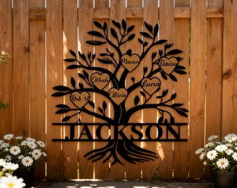 Custom Family Tree Metal Sign - Black Iron Bird & Branch Art, Heart Name Charms - Personalized Living Room/Home Decor - Ideal Family Gift