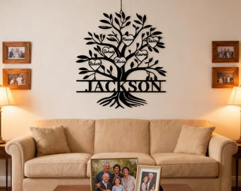 Custom Family Tree Metal Sign - Black Iron Art with Bird & Branch Design- Heart Charms for Names-Personalized Home Decor - Ideal Family Gift
