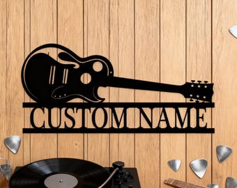 Custom Electric Guitar Metal Wall Art - Personalized Name Design with Sleek Black Silhouette-Decorative Sign Perfect for Music Rooms