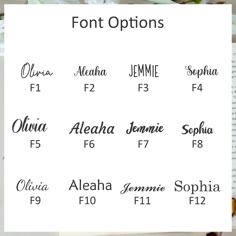 May include: A white background displays a selection of font options. The text "Font Options" is at the top. Below are twelve font samples, each with a name and a corresponding number, such as "Olivia F1" and "Sophia F4".