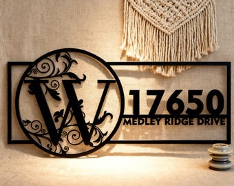 Custom Floral Monogram Address Metal Sign– Features Initial Full Address with  House Number— Elegant Black Iron Art—Gifts for Family Members